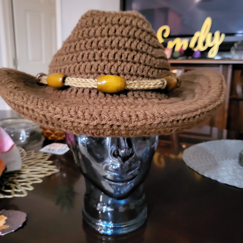 Brown Crochet Cowboy Hat with Beaded Band